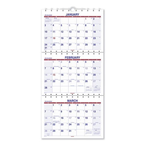 Move-A-Page Three-Month Wall Calendar, 12 x 27, White/Red/Blue Sheets, 15-Month (Dec to Feb): 2023 to 2025