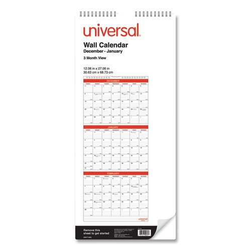 Three-Month Wall Calendar, 12 x 27, White/Black/Red Sheets, 14-Month, Dec 2023 to Jan 2025