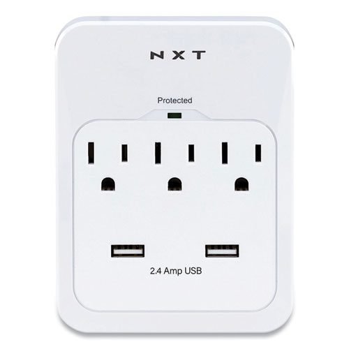 Wall-Mount Surge Protector, 3 AC Outlets/2 USB Ports, 600 J, White